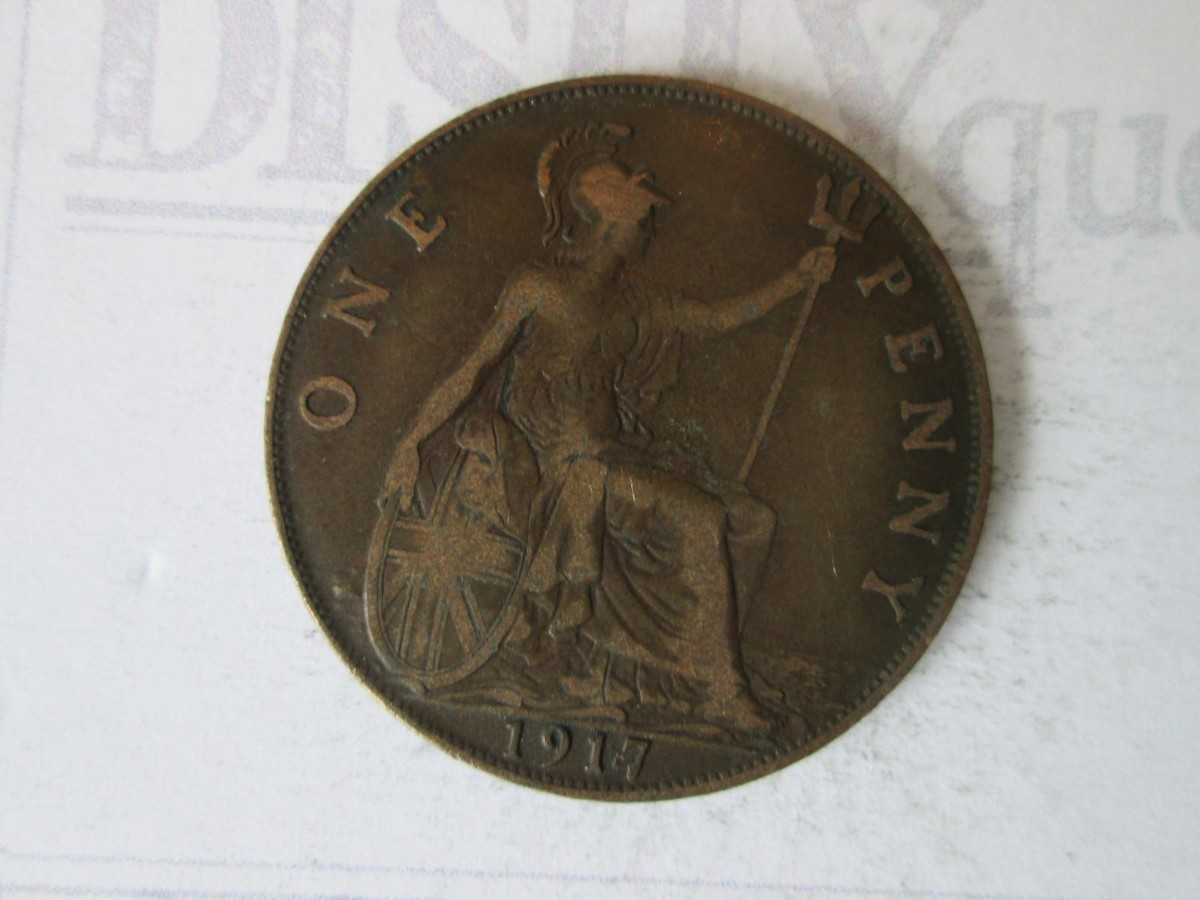 1917 ONE 1 Lg PENNY! Vintage GREAT BRITAIN coin: copper