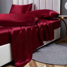 7Pcs Satin Sheet Set Ultra Soft Faux Silk Bedding Sheets Wrinkle Free Burgundy
