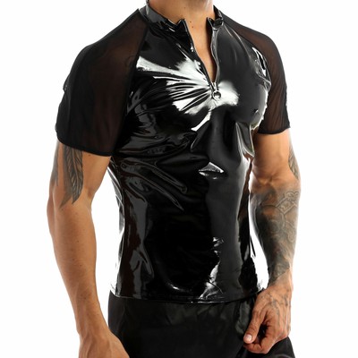 Men Wet Look Leather T-shirt Mesh Short 