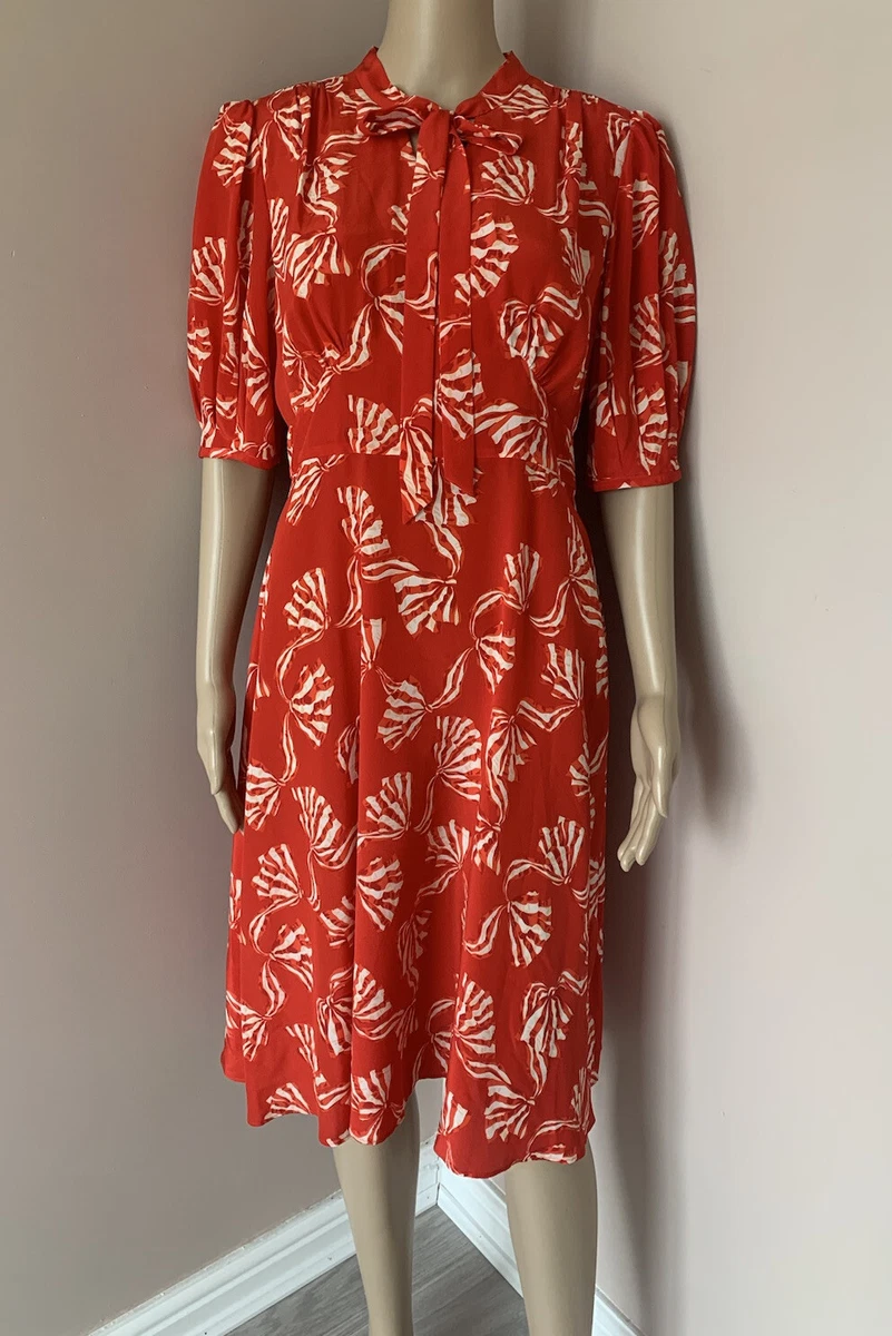 LK BENNETT RED SILK CANDY BOW PRINT DRESS SIZE 14 UK BNWT RETAIL