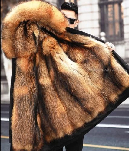 Mens Mink Fur Lined Long Coat Fox Fur Collar Hooded Warm Winter Outwear  Parka XL