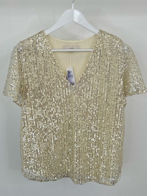 LOFT NWT Women Size M IVORY AND SILVER Short Sleeve Sequin Top