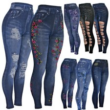 High Waist Womens Faux Denim Jean Leggings, Slim Stretch Pencil Jegging