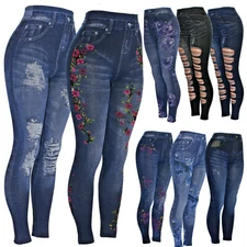 High Waist Womens Faux Denim Jean Leggings, Slim Stretch Pencil Jegging 