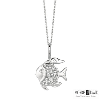 0,06 Karat natürlicher Diamant Fisch Anhänger Halskette 14K Weißgold 18'' Kette