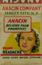 Anacin Company Jersey City N.J. Relieves Pain Promptly Vintage Matchbook Cover