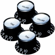 NEW Set 4 Bell Top Hat Knobs Gibson  Style BLACK Silver Plate METRIC Tone Volume