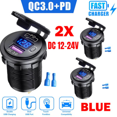 2pc Blue 12V QC3.0 Dual USB Car Fast Charger Sockets LED Voltmeter Waterproof US