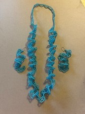 Ruffled seed Beaded LACE LIKE Necklace earring set Turquoise Blue Handmade