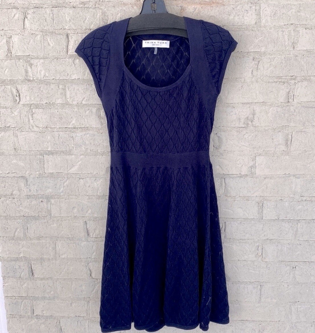 trina turk navy blue dress Trina Turk Navy Blue Cap Sleeve Knit Pointelle Lined A-line Dress. Size P