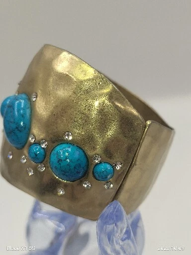 Brazalete Brazalete Martillado Bisagra Primavera Estrás Turquesa Tono Dorado Cabujón Foto 4 de 4