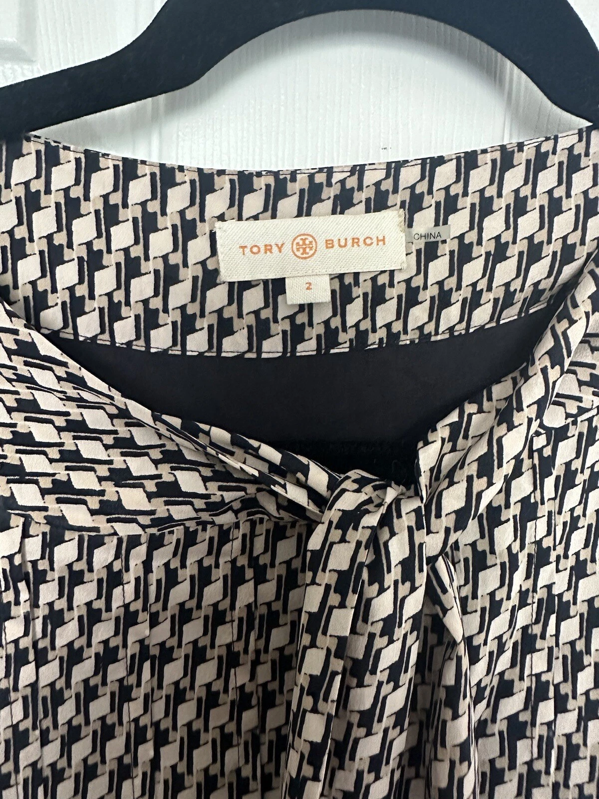 Abito TORY BURCH Elma astratto cravatta fiocco sgabello nero beige bianco taglia 2