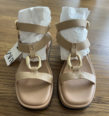 Zara BEIGE FLATFORM LEATHER SANDALS Size