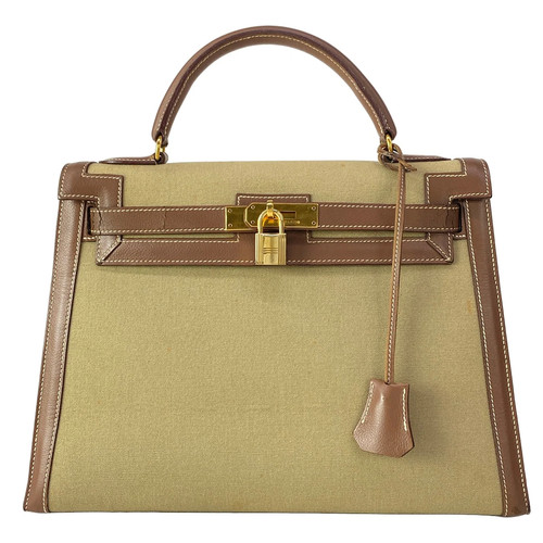 HERMES Kelly 32 Khaki Dark Brown Toile Leather Circle V Handbag
