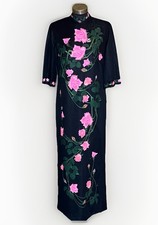 Vintage Alfred Shaheen Asian Inspired Hand Printed Rose Maxi Dress Signed