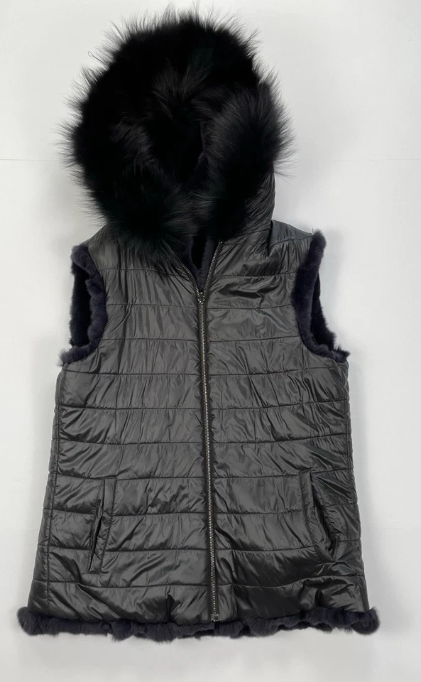 MITCHIE'S Reversible Nylon/Rabbit Fur Vest W/ Silver Fox Trim Navy Black Medium - Image 4 of 4