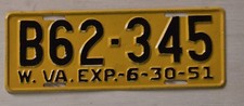 1951 WEST VIRGINIA LICENSE PLATE TAG # B62-345 REPAINT