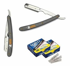 Stainless Steel Gray Straight Edge Barber Razor with 200 LORD Blades by CS