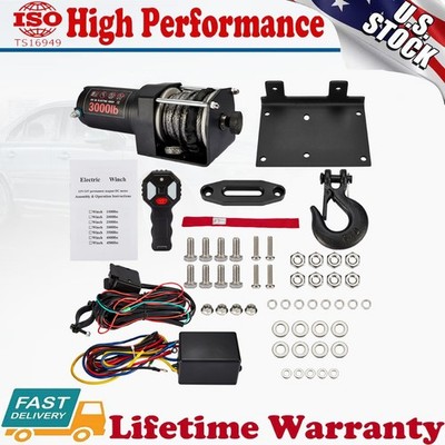 12V Winch Kit Electric Winch Kit 3000LB Synthetic Rope For Towing Boat 4WD ATV