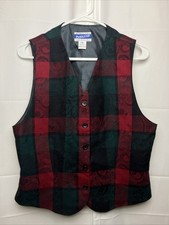Size 12 Pendleton Mens Virgin Wool Plaid Vest Red Green Button Floral V-Neck