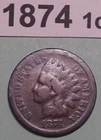 1874 INDIAN HEAD US COPPER ONE CENT COIN GOOD-VERY GOOD