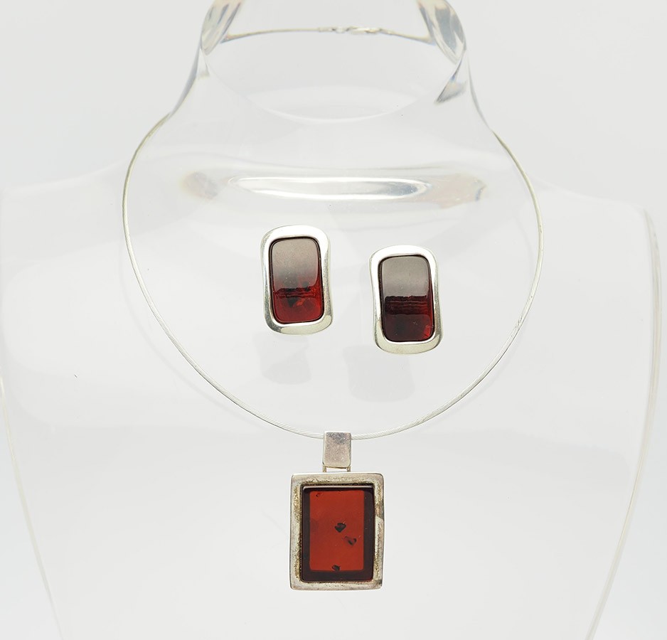 Conjunto De Pendientes, Collar Y Broche De Ámbar Báltico En Plata Esterlina