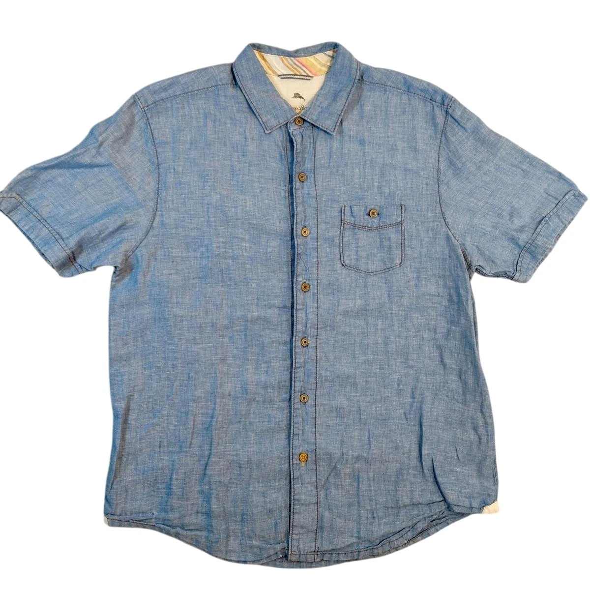 Tommy Bahama Shirt Mens Medium Blue Linen Relax Island Modern Fit Short Sleeve