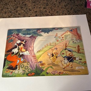 🔥vintage Disney Lithograph, Three Little Pigs Louis Marx 1944