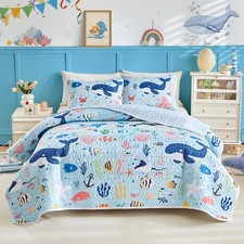 3 Pieces Full/Queen Size Cotton Quilt Set, World of The Sea Theme Ocean Blue ...