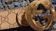 Gucci Womens Medium Beige Logo Belt Gold-Plat...