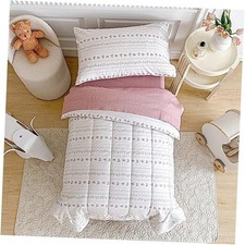 4 Piece Cotton Toddler Bedding Set for Girls, Flower Boho Design, Soft Stripes