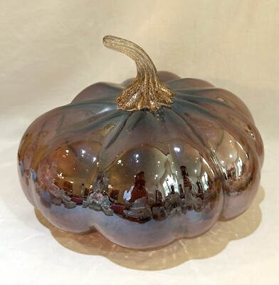 Hand Blown Amber and Iridescent Glass Large Pumpkin Gold Accente Stem
