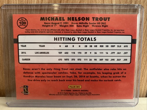 2015 Panini Donruss Mike Trout (Variación de foto: Fielding) súper raro SP - Imagen 2 de 2