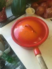 Descoware Sauce Pan & Lid 1.5 Qt. Belgium Orange Enamel Cast Iron Wood Handle