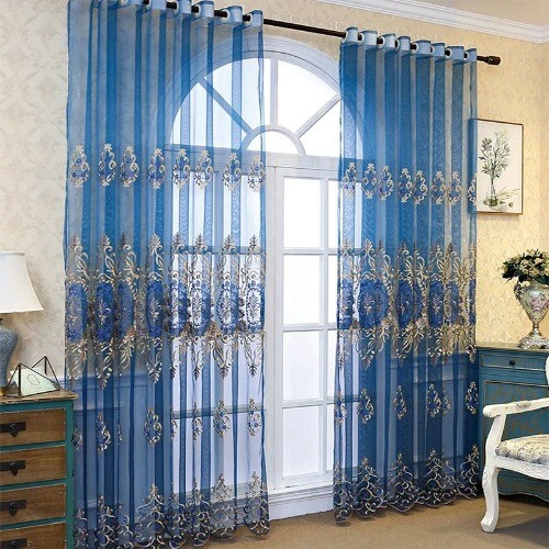 Luxury Embroidered Sheer Curtains Royal Blue Gold Jacquard Floral Tulle - Picture 2 of 21