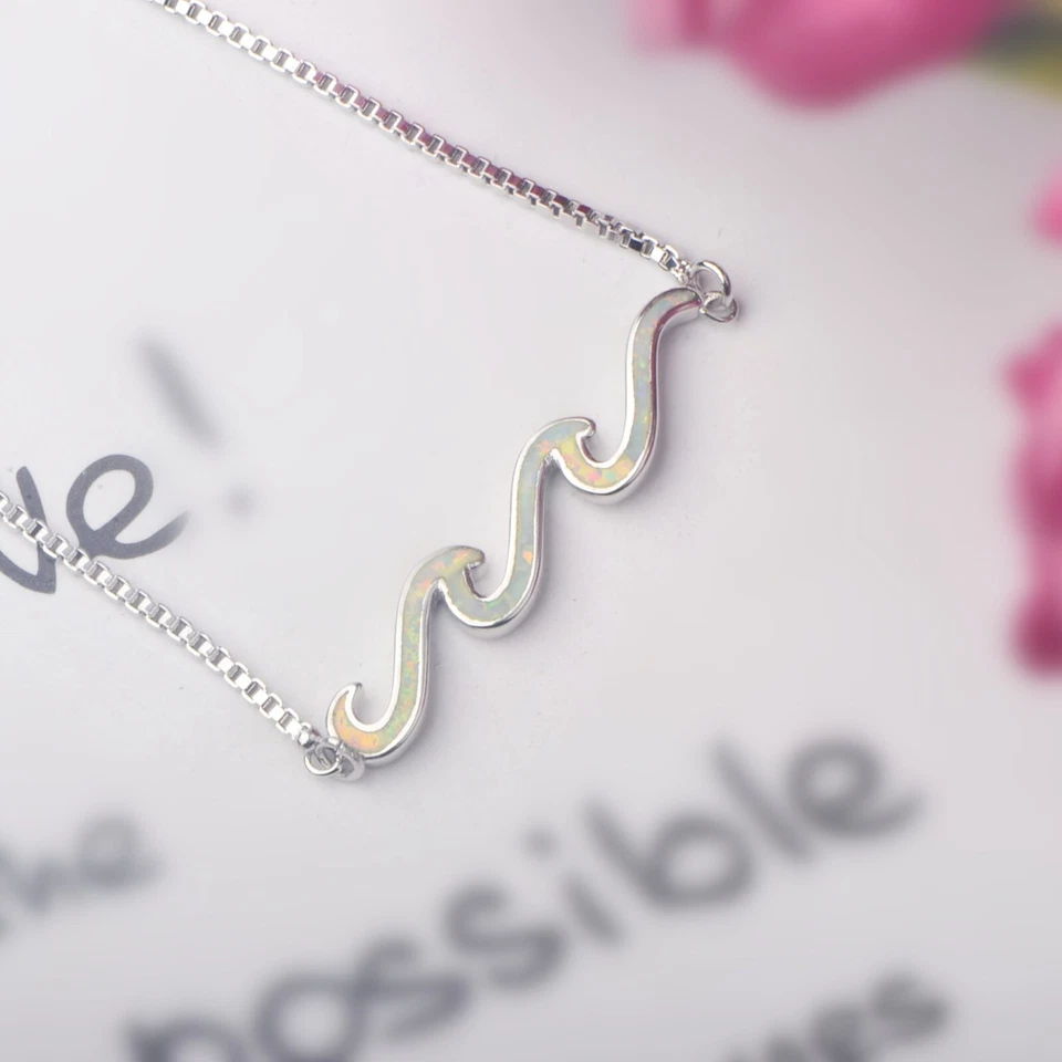 Tobillera Vikoly Ocean Hawaiian Beach blanca con onda de ópalo llena de plata para mujeres niñas Foto 4 de 4