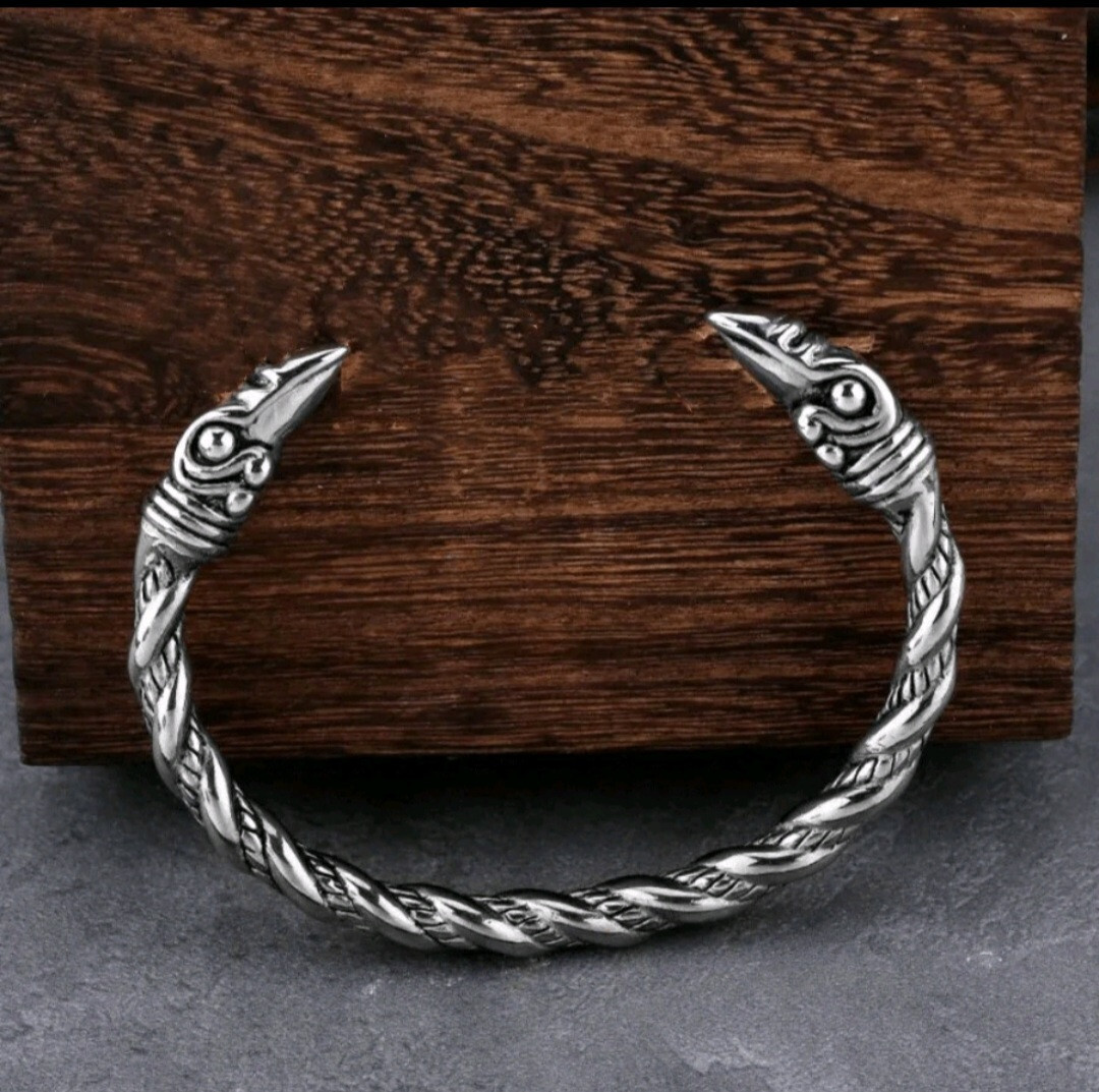Pulsera nórdica vikinga cabeza de cuervo de acero inoxidable para hombre/mujer