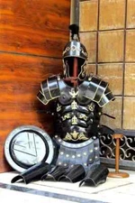 Medieval Shield, Leg & Arm Guard Roman Black Muscle Armor Cuirass Set w/ Helmet