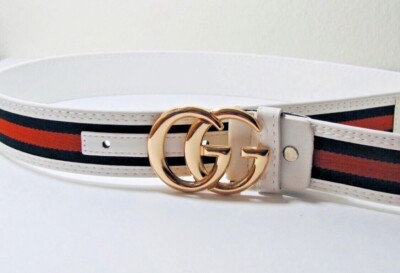 D4 G G Black White Red Striped leather women's belt  Waist 34-38''