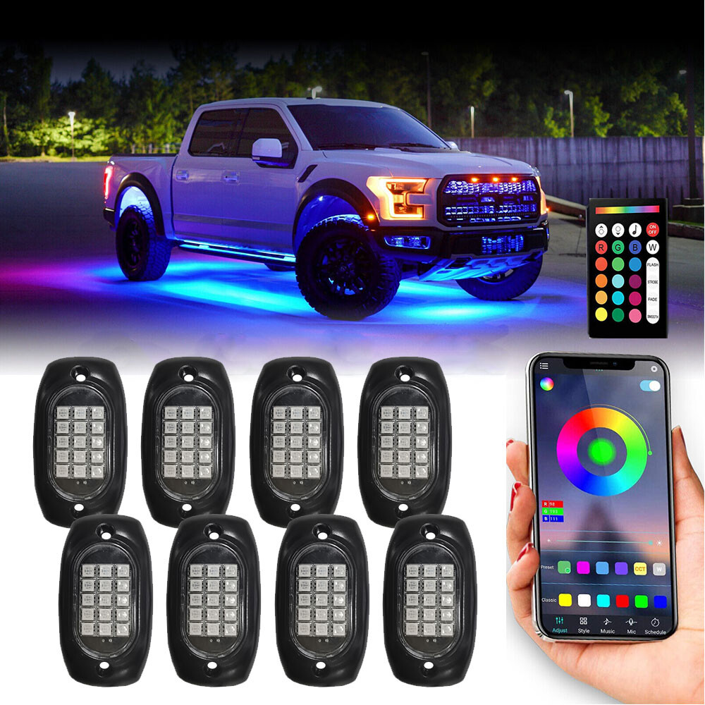RGB LED Lights Rock Underbody Wireless APP Music Chasing Offroad ATV 12V 8 Pods