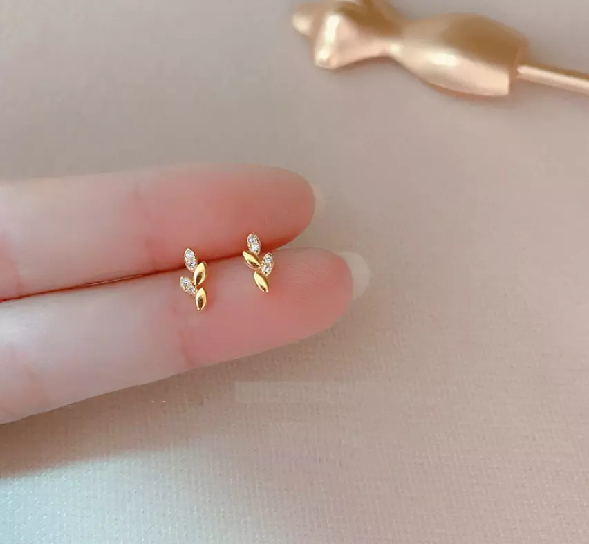 Gold Adorable Tiny Leaf Wheat Ears Pave Cubic Zirconia Earrings