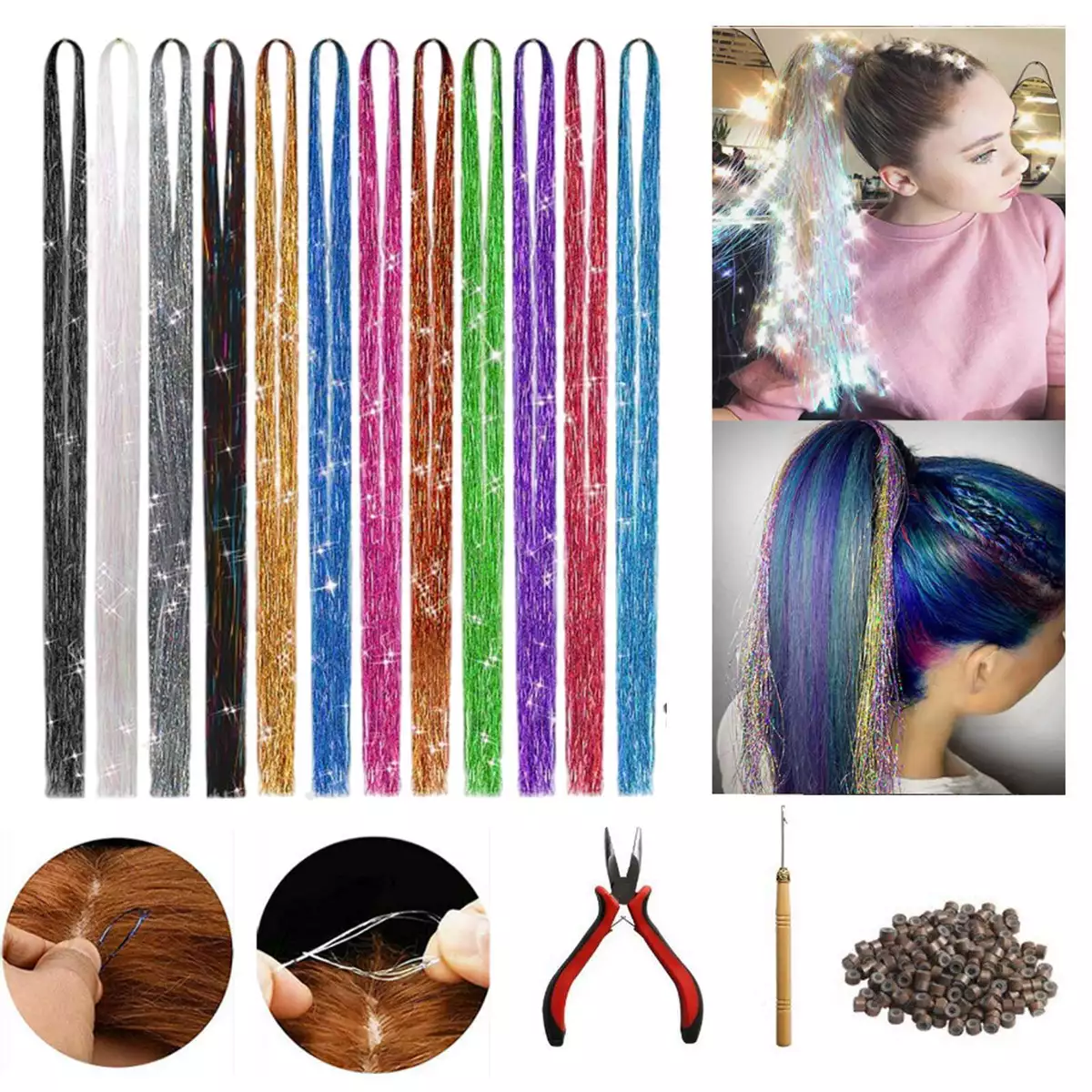 Fairy Hair Tinsel Kit Sparkling Shiny Hair Extensions 4000 Strands 12  Colors US