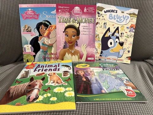 Lot of 5 Kid’s Activity Books- Disney Princesses Frozen Bluey Animals-UNUSED