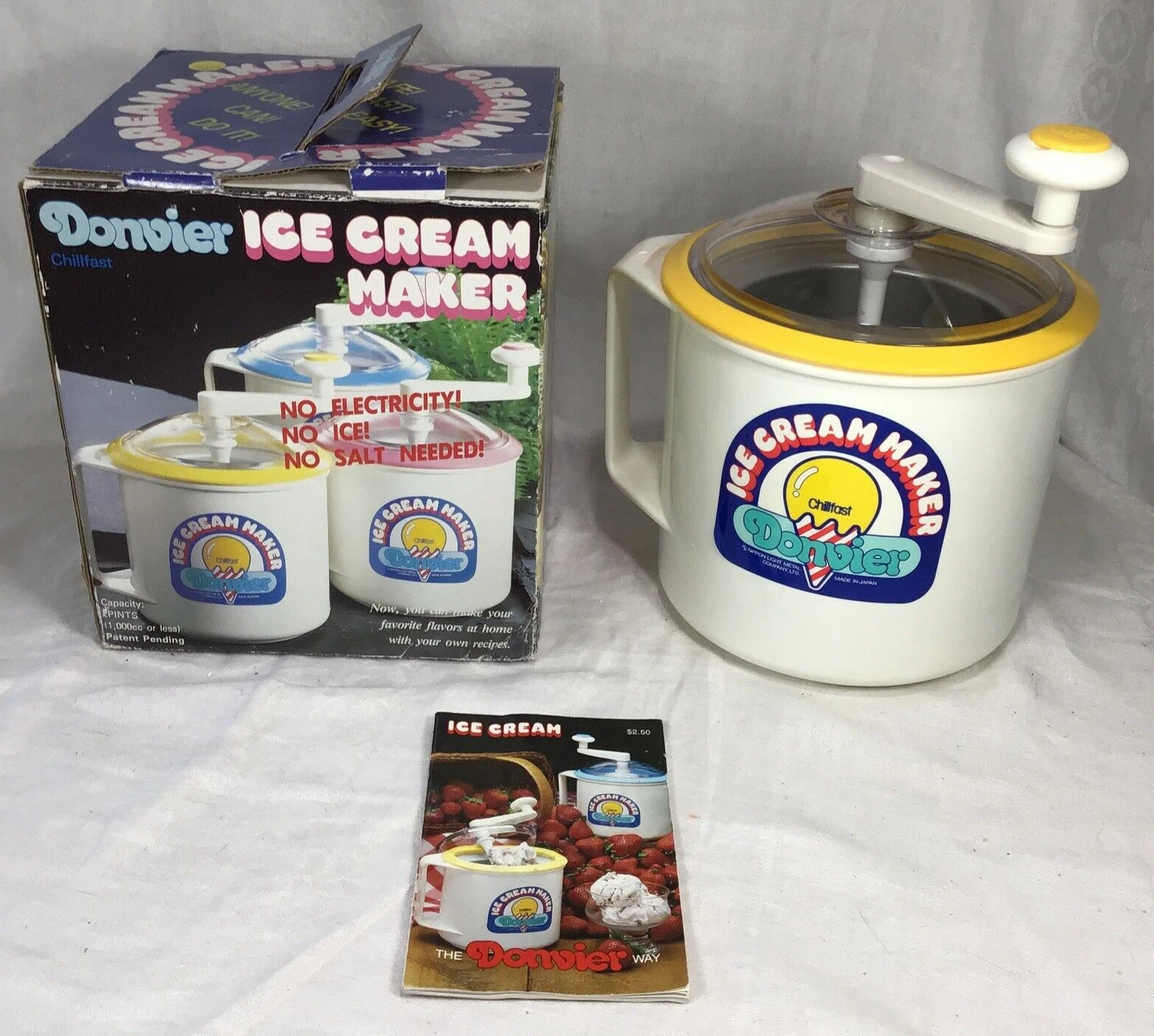 Donvier 2 Pint 1 Quart Chillfast Manual Ice Cream Sorbet Maker Yellow COMPLETE