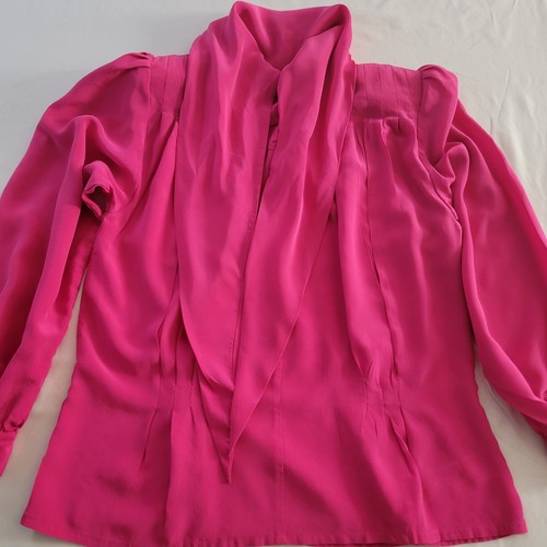 VTG Mark Shale Elegant Magenta Bow Tie High Neck Long Sleeve Silk Pleated Blouse - Picture 7 of 21
