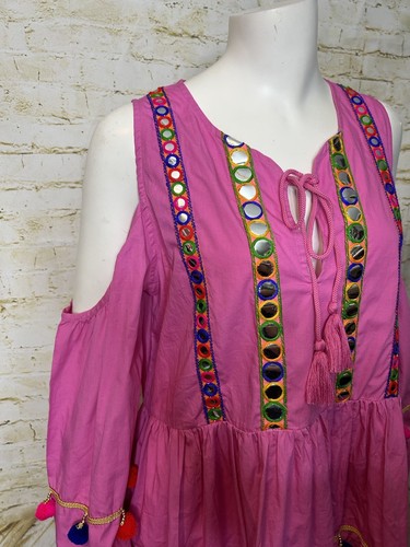 NWT Pretty Little Thing Pink Pom Pom Mirror Trim Shift Dress Size 10 Art to wear - Picture 14 of 15
