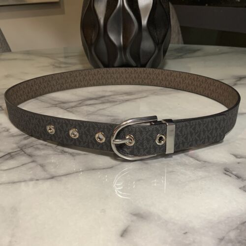 Michael Kors Women's Twist Reversible Silver Buckle Belt, Brown/Black Logo MED