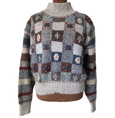 Vintage Limited Wool Blend Cropped Sweater Size S Check Floral Colorful  Women's