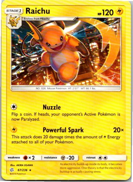 Rare Near Mint Raichu 67/236 Cosmic Eclipse Pokemon