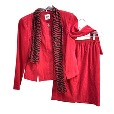 Vintage Leslie Fay Skirt Suit Set Womens 10 Red Micro Suede Jacket Scarf 90s